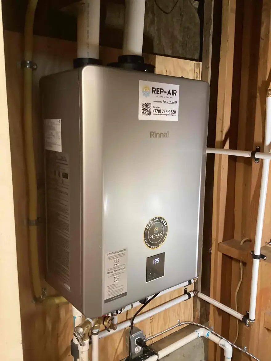 Rinnai tankless water heater with a Rep-Air sticker